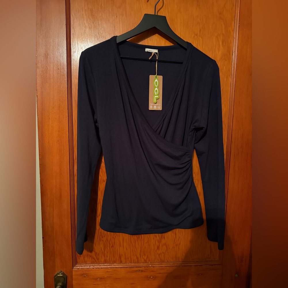 OGL Navy Lyocell Wool Surplice Ruched Long Sleeve Top Size Large NWT - Picture 6 of 8